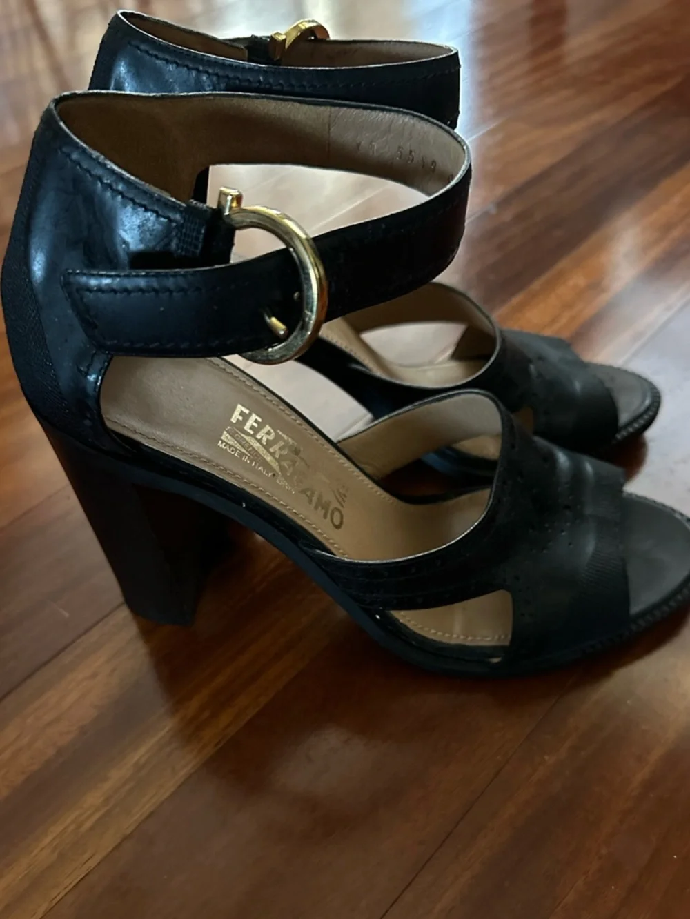 Salvatore Ferragamo Black Suede Platform Sandals with Gold Buckles